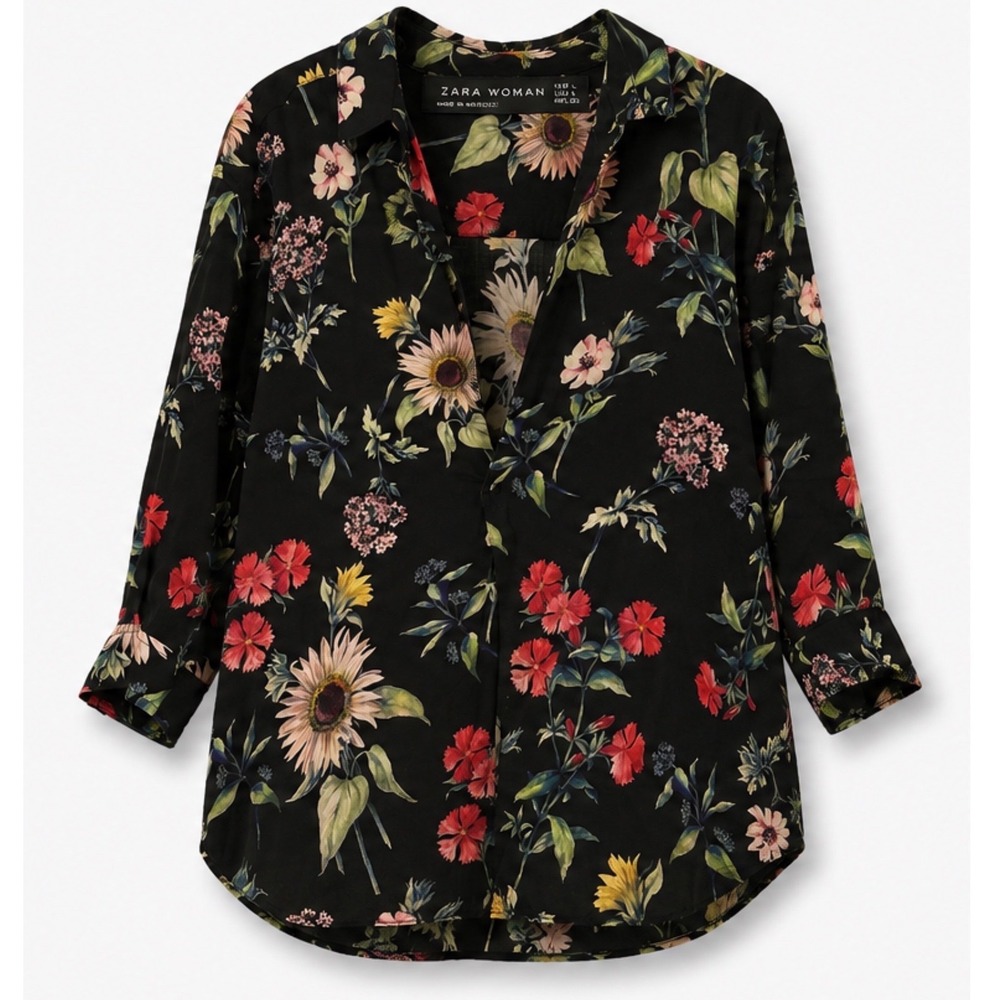 Zara Woman Black Floral Sunflower Button Down Blouse Long Sleeve Top Large